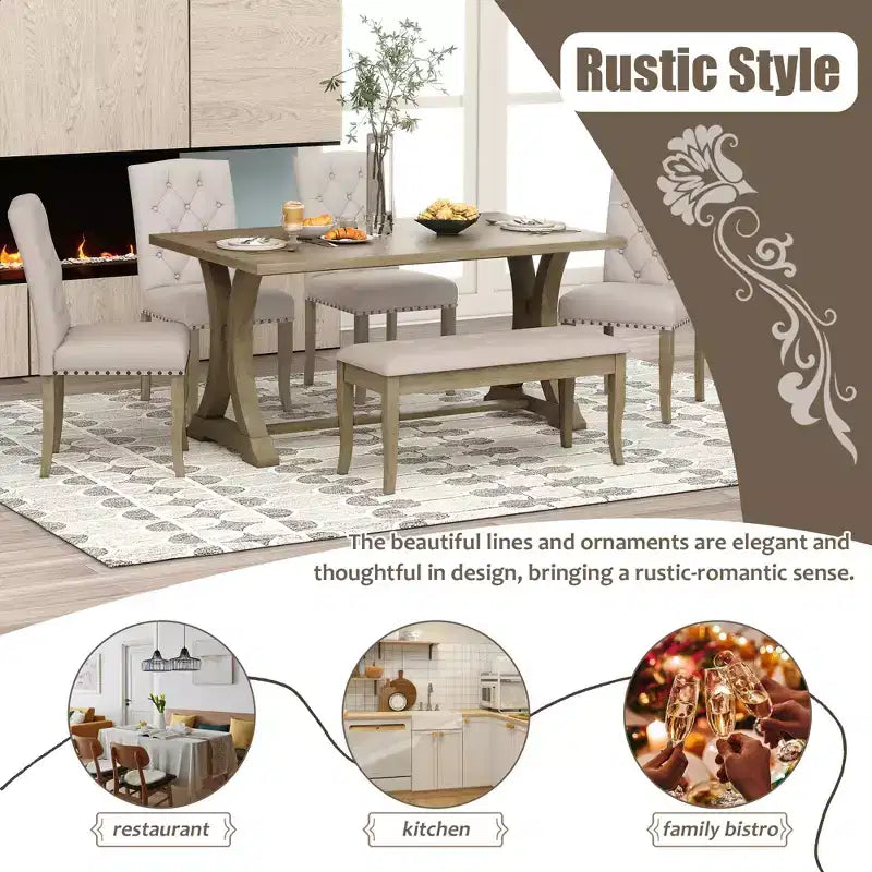 GDFStudio Thomas Set da Pranzo da 6 Pezzi in Stile Rustico con Sedie Imbottite e Panca