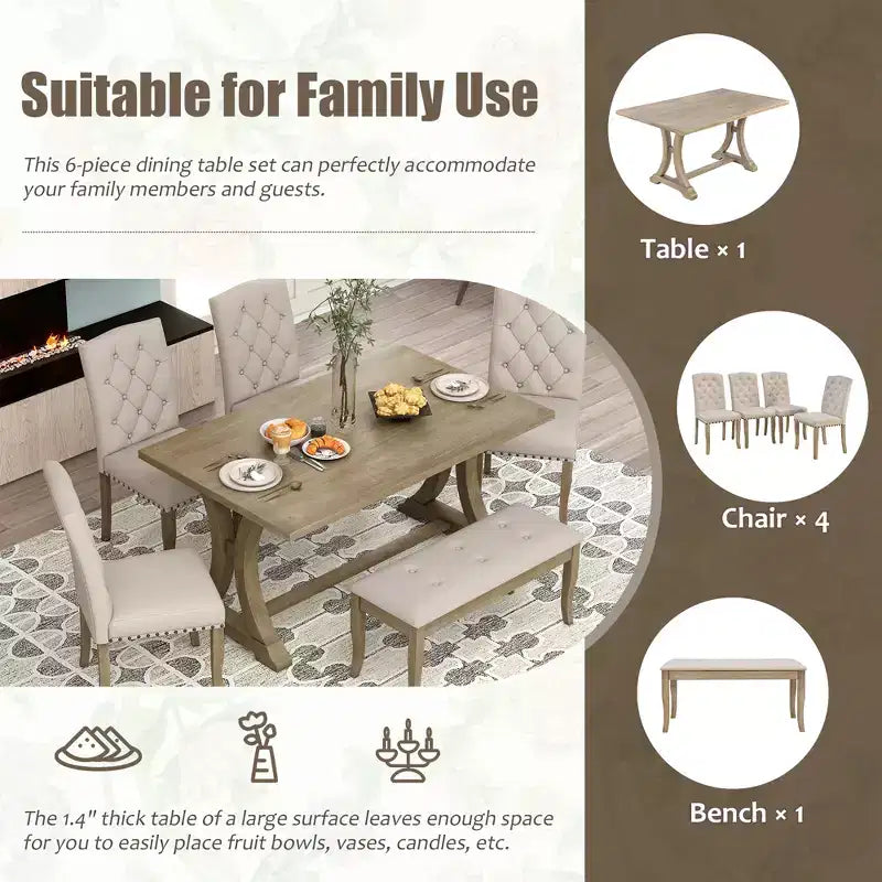 GDFStudio Thomas Set da Pranzo da 6 Pezzi in Stile Rustico con Sedie Imbottite e Panca