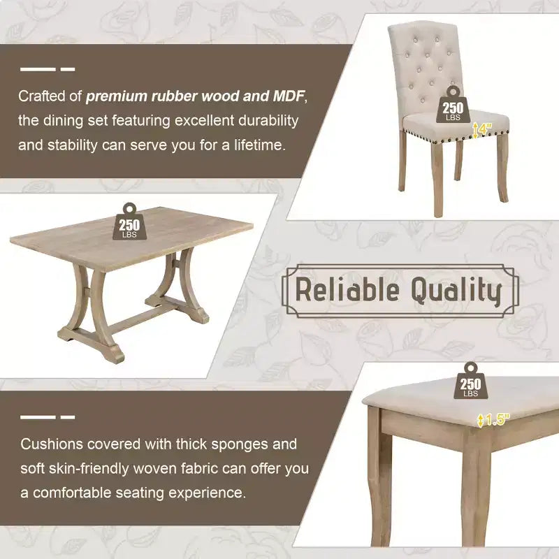 GDFStudio Thomas Set da Pranzo da 6 Pezzi in Stile Rustico con Sedie Imbottite e Panca