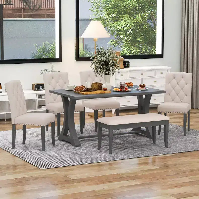 GDFStudio Thomas Set da Pranzo da 6 Pezzi in Stile Rustico con Sedie Imbottite e Panca