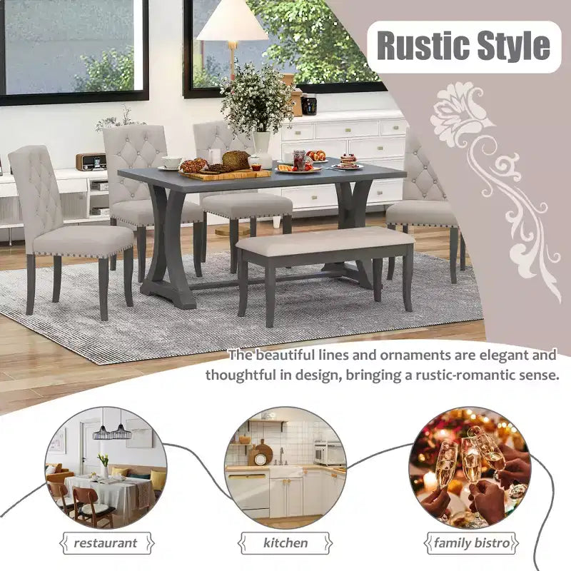 GDFStudio Thomas Set da Pranzo da 6 Pezzi in Stile Rustico con Sedie Imbottite e Panca