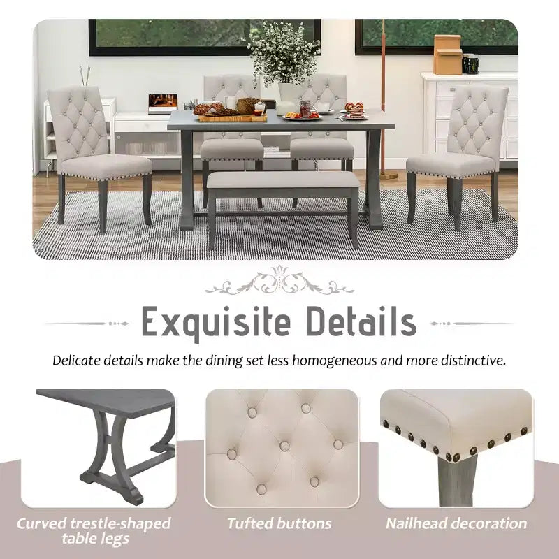 GDFStudio Thomas Set da Pranzo da 6 Pezzi in Stile Rustico con Sedie Imbottite e Panca
