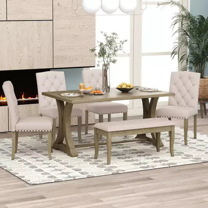 GDFStudio Thomas Set da Pranzo da 6 Pezzi in Stile Rustico con Sedie Imbottite e Panca