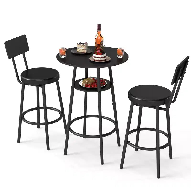 Zevemomo 3 Pieces Round Bar Table Set, Small Dining Table for 2, with Storage,2 Thickened Cushion Stools with Backrest for Dining Room & Bistro-Black