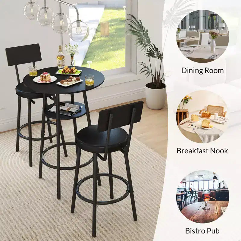 Zevemomo Set da 3 Pezzi con Tavolo Rotondo da Bar, Piccolo Tavolo da Pranzo per 2, con Contenitore, 2 Sgabelli Imbottiti Spessi con Schienale per Sala da Pranzo e Bistrot – Nero
