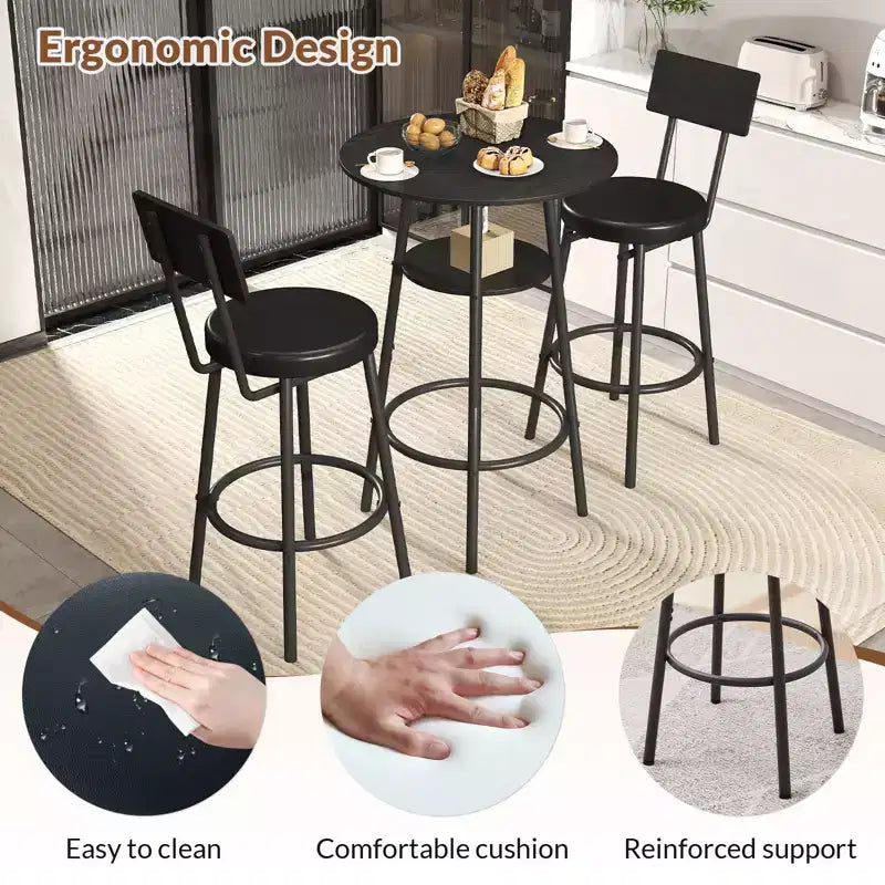 Zevemomo Set da 3 Pezzi con Tavolo Rotondo da Bar, Piccolo Tavolo da Pranzo per 2, con Contenitore, 2 Sgabelli Imbottiti Spessi con Schienale per Sala da Pranzo e Bistrot – Nero