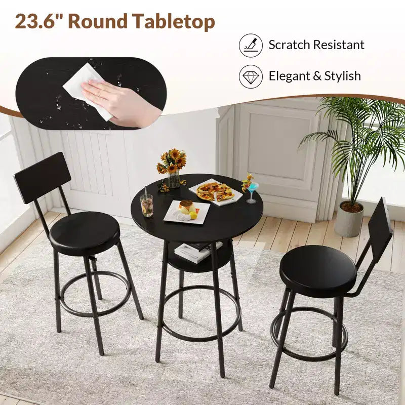 Zevemomo Set da 3 Pezzi con Tavolo Rotondo da Bar, Piccolo Tavolo da Pranzo per 2, con Contenitore, 2 Sgabelli Imbottiti Spessi con Schienale per Sala da Pranzo e Bistrot – Nero
