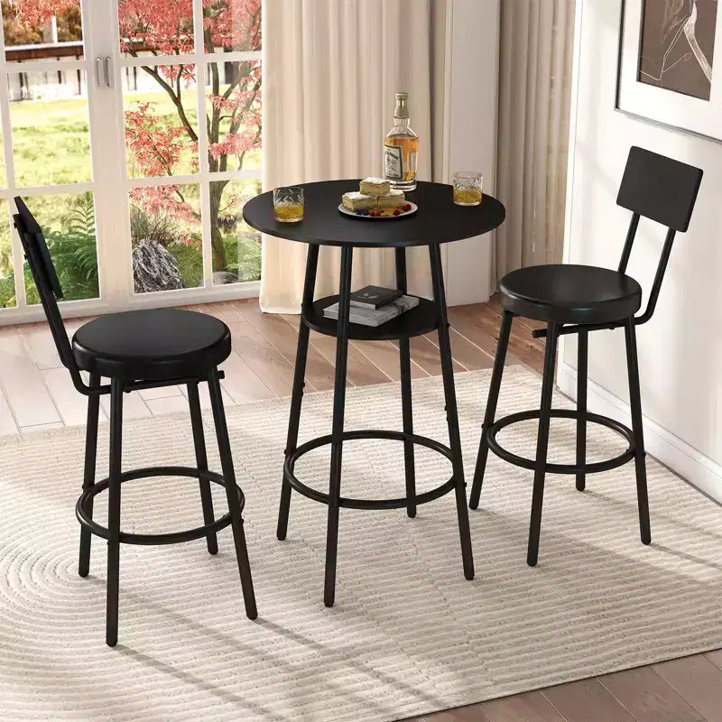 Zevemomo Set da 3 Pezzi con Tavolo Rotondo da Bar, Piccolo Tavolo da Pranzo per 2, con Contenitore, 2 Sgabelli Imbottiti Spessi con Schienale per Sala da Pranzo e Bistrot – Nero