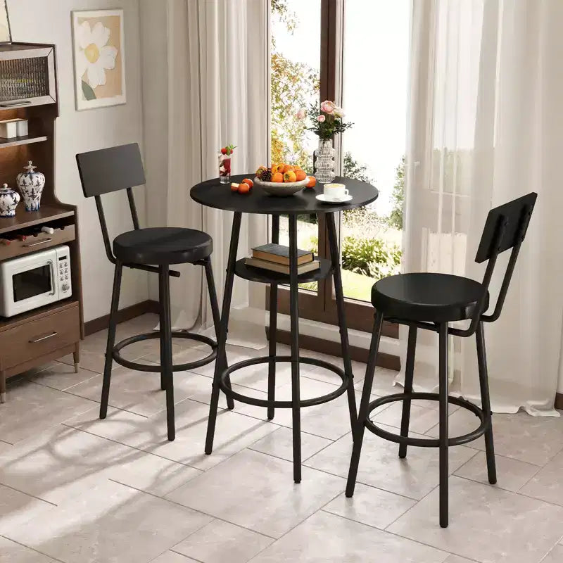 Zevemomo Set da 3 Pezzi con Tavolo Rotondo da Bar, Piccolo Tavolo da Pranzo per 2, con Contenitore, 2 Sgabelli Imbottiti Spessi con Schienale per Sala da Pranzo e Bistrot – Nero