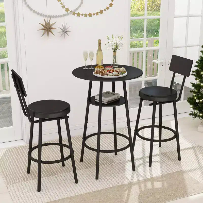 Zevemomo Set da 3 Pezzi con Tavolo Rotondo da Bar, Piccolo Tavolo da Pranzo per 2, con Contenitore, 2 Sgabelli Imbottiti Spessi con Schienale per Sala da Pranzo e Bistrot – Nero