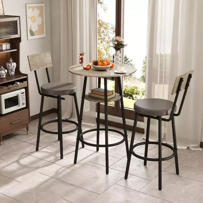 Zevemomo Set Tavolo da Bar Rotondo 3 Pezzi, Tavolino da Pranzo per 2, con Ripostiglio, Sgabelli Imbottiti con Schienale per Cucina, Sala da Pranzo e Bistrò - Grigio