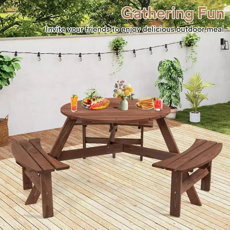 Tavolo da Picnic in Legno per 6 Persone Zevemomo, Piano Rotondo con Foro per Ombrellone, 3 Panche Curve Integrate, Capacità Totale 780 kg per Balcone, Giardino, Marrone