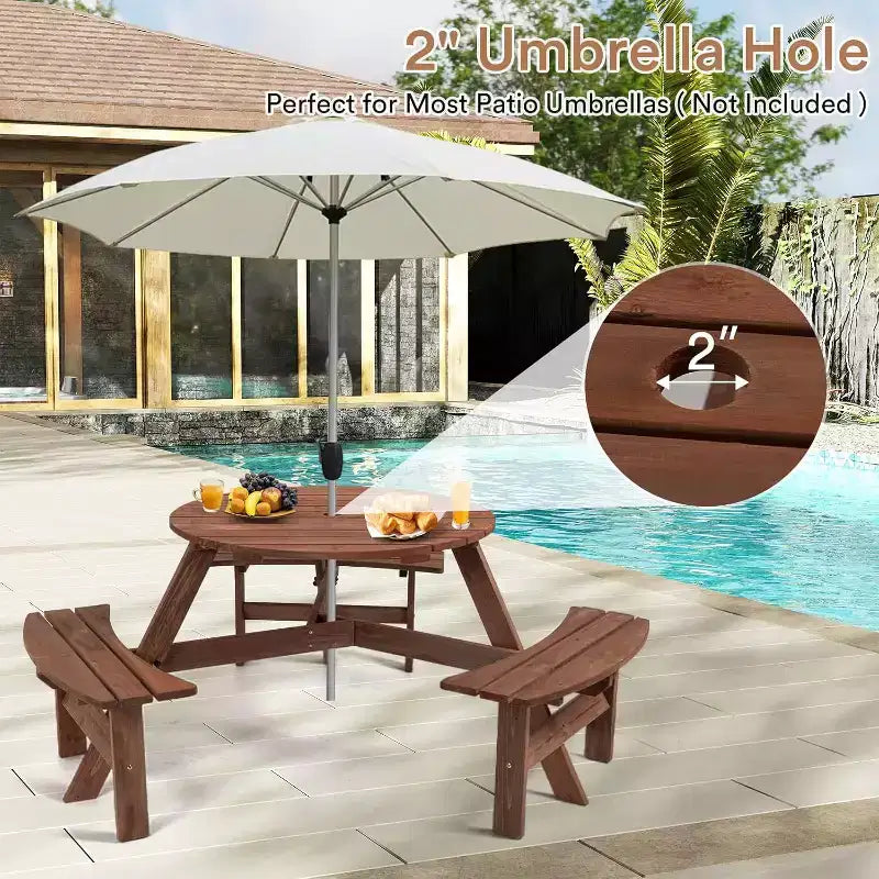 Tavolo da Picnic in Legno per 6 Persone Zevemomo, Piano Rotondo con Foro per Ombrellone, 3 Panche Curve Integrate, Capacità Totale 780 kg per Balcone, Giardino, Marrone