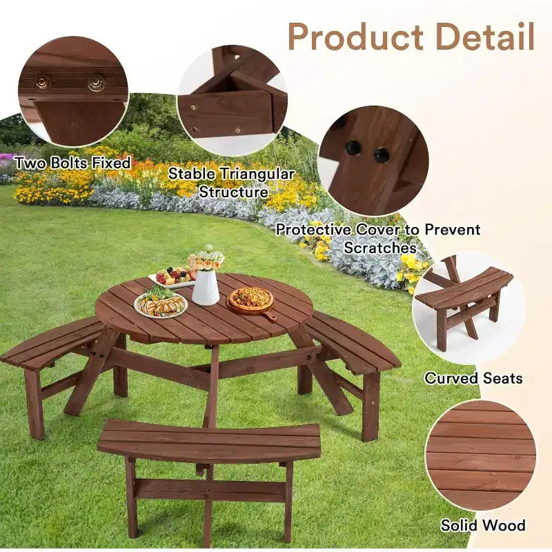 Tavolo da Picnic in Legno per 6 Persone Zevemomo, Piano Rotondo con Foro per Ombrellone, 3 Panche Curve Integrate, Capacità Totale 780 kg per Balcone, Giardino, Marrone