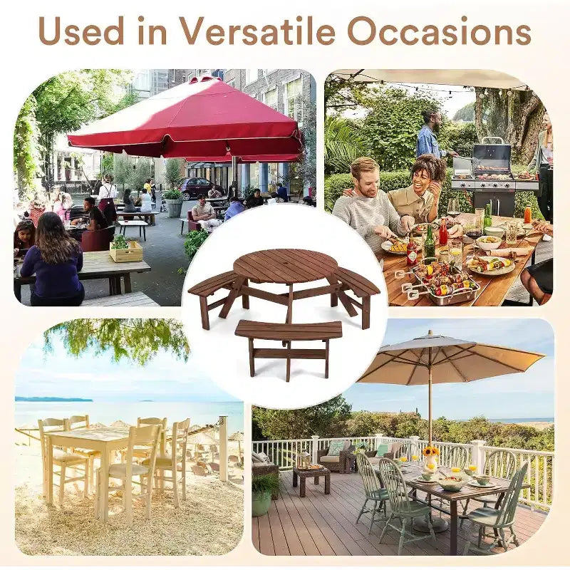 Tavolo da Picnic in Legno per 6 Persone Zevemomo, Piano Rotondo con Foro per Ombrellone, 3 Panche Curve Integrate, Capacità Totale 780 kg per Balcone, Giardino, Marrone