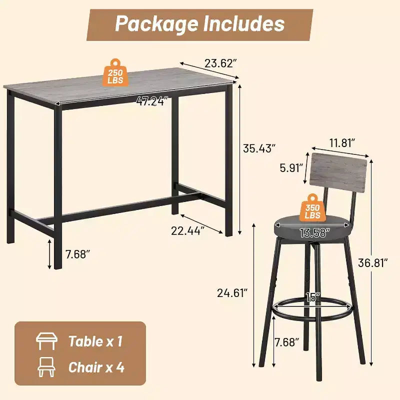 Set da pranzo Zevemomo per 4, set da tavolo da bar da 5 pezzi, tavolo alto ad altezza bancone con 4 sgabelli rivestiti in PU, per piccoli spazi, grigio