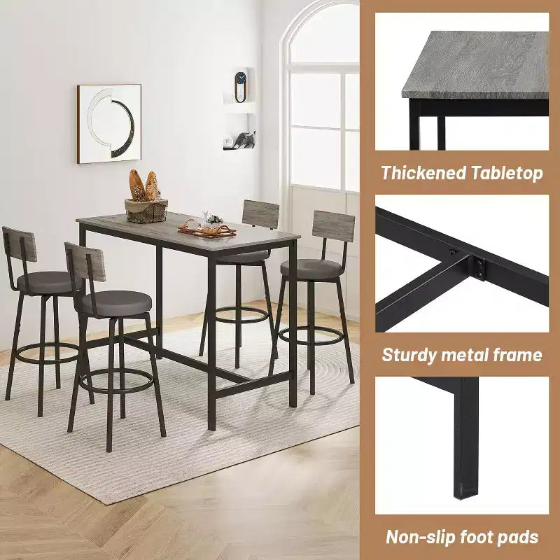 Set da pranzo Zevemomo per 4, set da tavolo da bar da 5 pezzi, tavolo alto ad altezza bancone con 4 sgabelli rivestiti in PU, per piccoli spazi, grigio