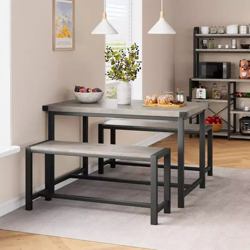 Set tavolo da pranzo per 4 con 2 panche, Set tavolo da cucina con struttura in metallo e pannello in MDF, Tavolo da pranzo salvaspazio per cucina, sala da pranzo