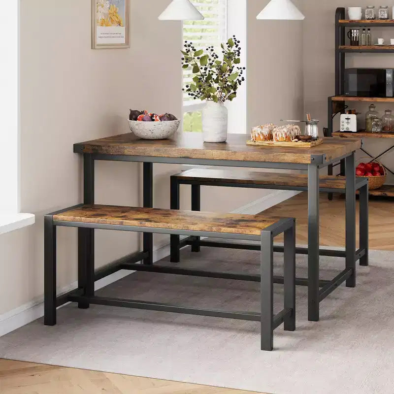 Set tavolo da pranzo per 4 con 2 panche, Set tavolo da cucina con struttura in metallo e pannello in MDF, Tavolo da pranzo salvaspazio per cucina, sala da pranzo