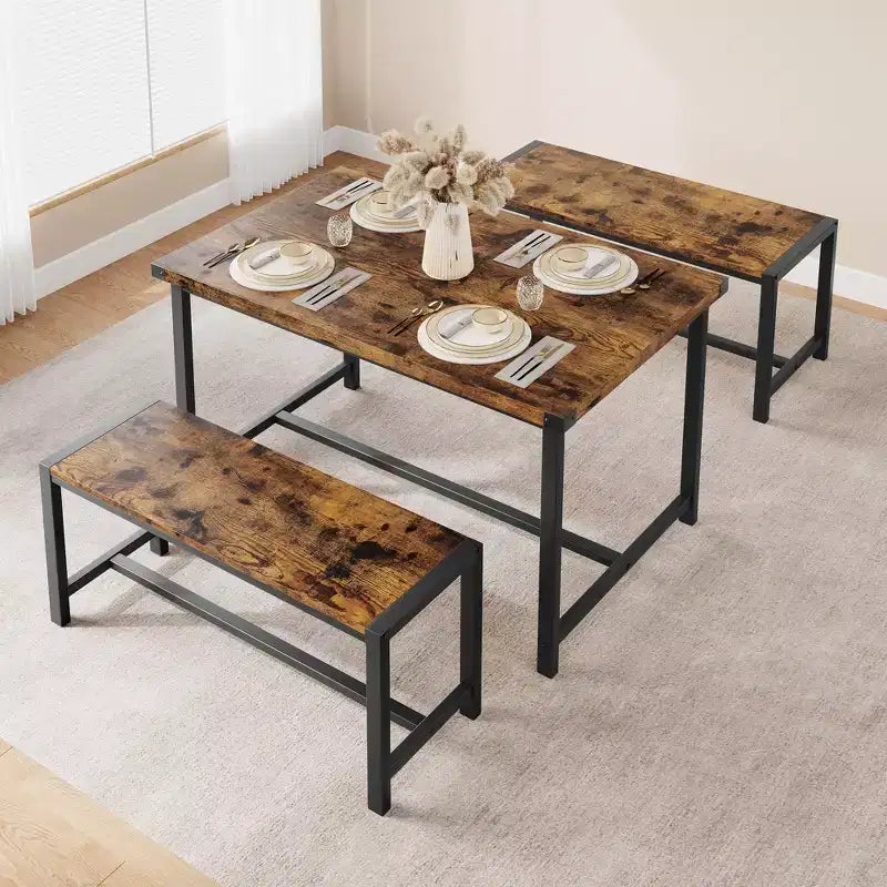 Set tavolo da pranzo per 4 con 2 panche, Set tavolo da cucina con struttura in metallo e pannello in MDF, Tavolo da pranzo salvaspazio per cucina, sala da pranzo