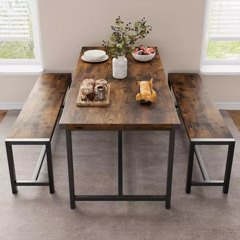 Set tavolo da pranzo per 4 con 2 panche, Set tavolo da cucina con struttura in metallo e pannello in MDF, Tavolo da pranzo salvaspazio per cucina, sala da pranzo