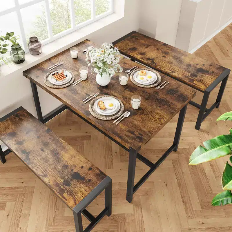 Set tavolo da pranzo per 4 con 2 panche, Set tavolo da cucina con struttura in metallo e pannello in MDF, Tavolo da pranzo salvaspazio per cucina, sala da pranzo