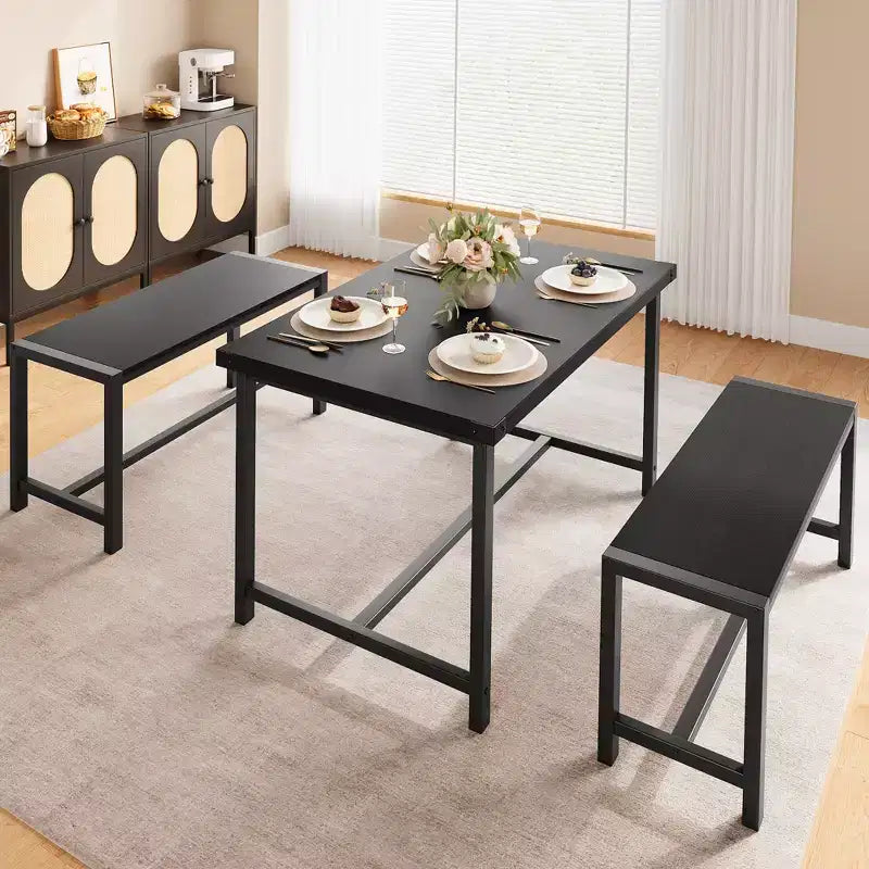 Set tavolo da pranzo per 4 con 2 panche, Set tavolo da cucina con struttura in metallo e pannello in MDF, Tavolo da pranzo salvaspazio per cucina, sala da pranzo