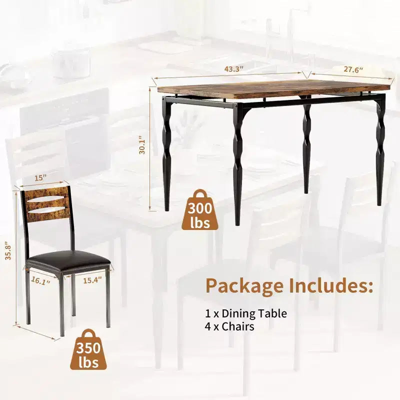 Set da pranzo da 5 pezzi per 4 persone, set da tavolo da cucina da 43" con gambe a spirale, tavolo e sedie da cucina rettangolari in legno, tavolo da colazione salvaspazio