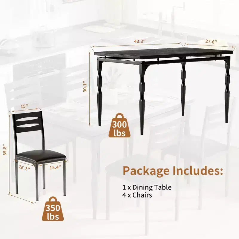 Set da pranzo da 5 pezzi per 4 persone, set da tavolo da cucina da 43" con gambe a spirale, tavolo e sedie da cucina rettangolari in legno, tavolo da colazione salvaspazio