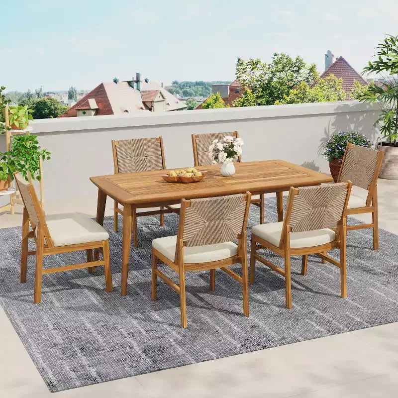 Christopher Knight Home Lucinda 7 Piece Patio Rustic Acacia Wood Dining Set with Wicker Woven Chair