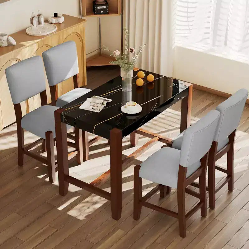 Bellemave Set da Pranzo 5 Pezzi, Tavolo Alto con Piano in Finto Marmo e 4 Sedie Imbottite, per Sala da Pranzo, Cucina