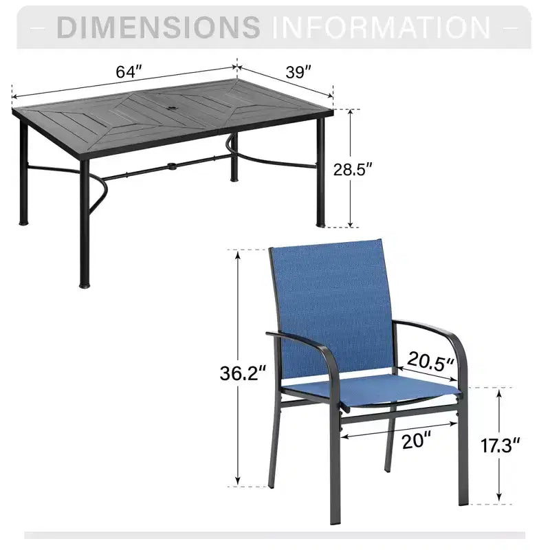 Captiva Designs Set da pranzo 7 pezzi da giardino con motivo geometrico, tavolo rettangolare in acciaio e sedie fisse in textilene
