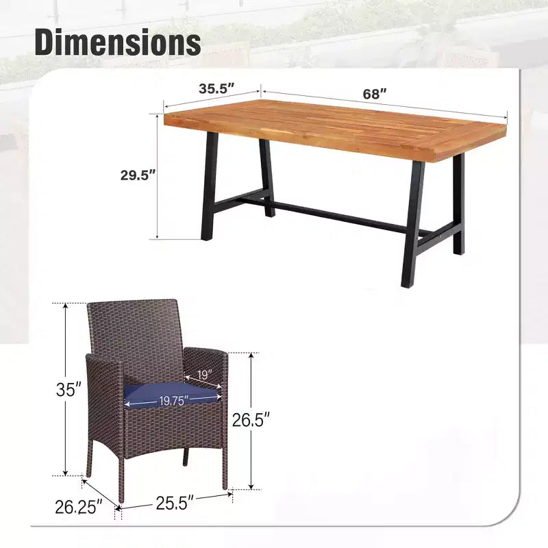 Captiva Designs Set da pranzo da 7 pezzi per patio con tavolo in legno di acacia con finitura a olio e sedie in rattan
