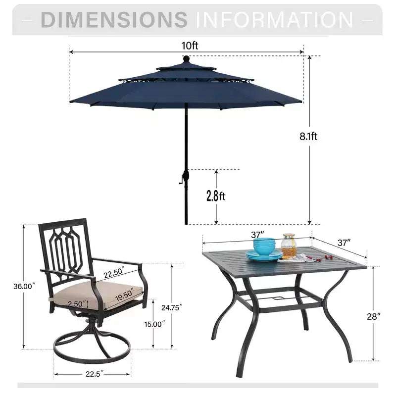 Captiva Designs Set da 6 Pezzi Tavolo da Pranzo da Esterno in Acciaio, Sedie Girevoli in Metallo e Ombrellone