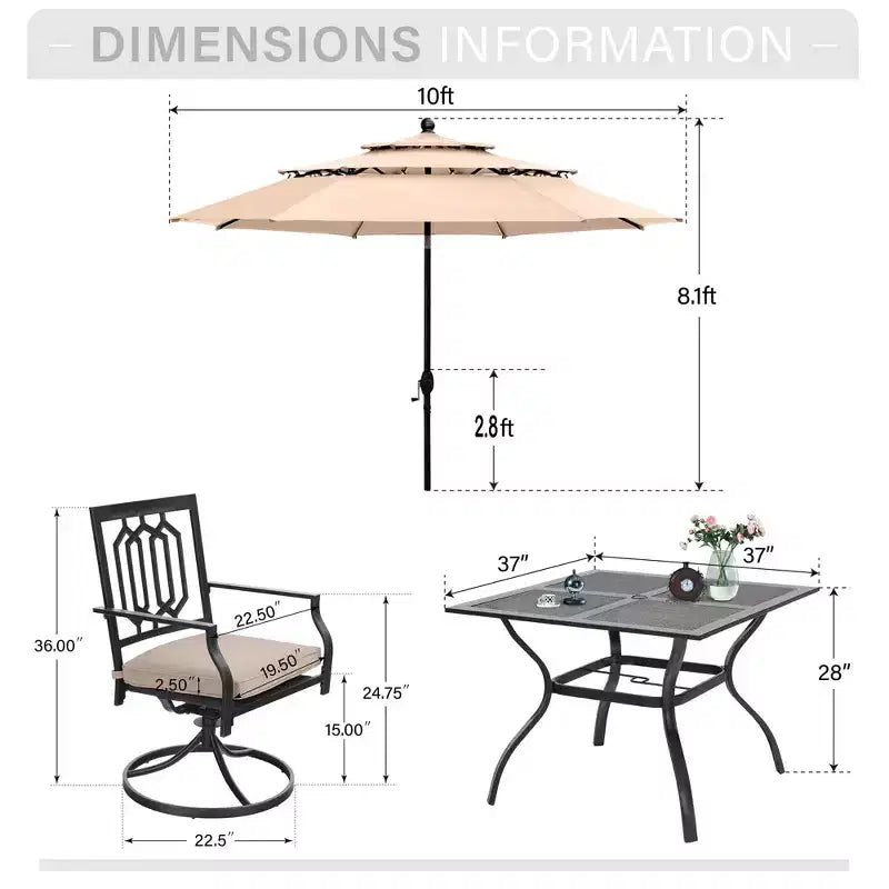 Captiva Designs Set da 6 Pezzi Tavolo da Pranzo da Esterno in Acciaio, Sedie Girevoli in Metallo e Ombrellone