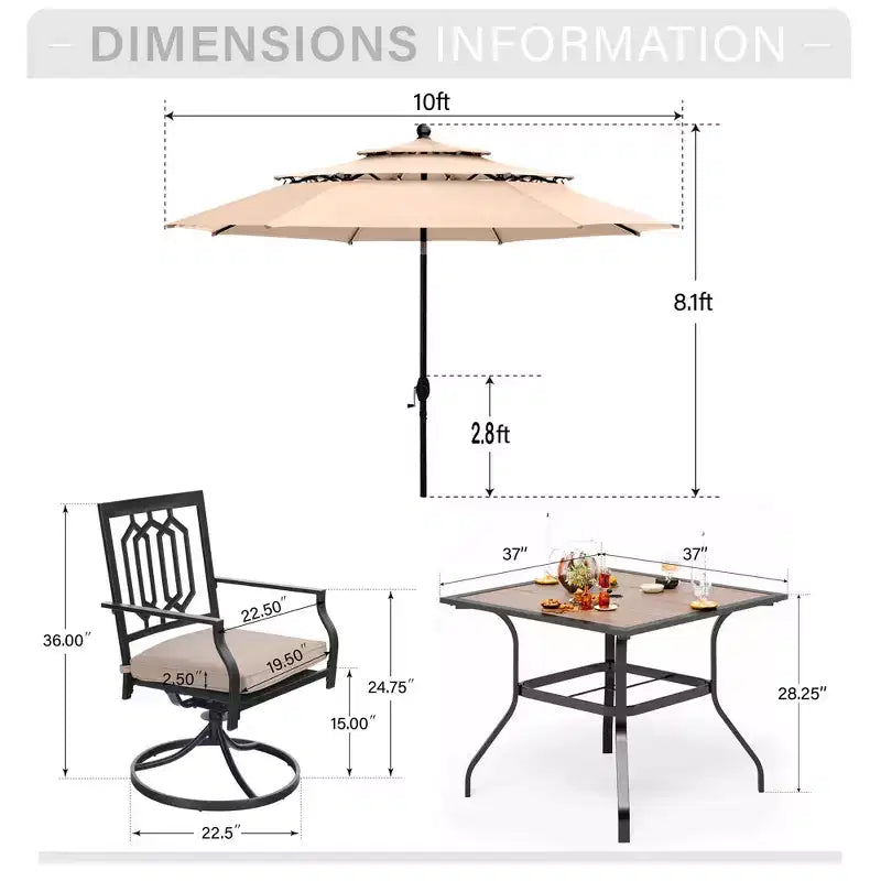 Captiva Designs Set da 6 Pezzi Tavolo da Pranzo da Esterno in Acciaio, Sedie Girevoli in Metallo e Ombrellone