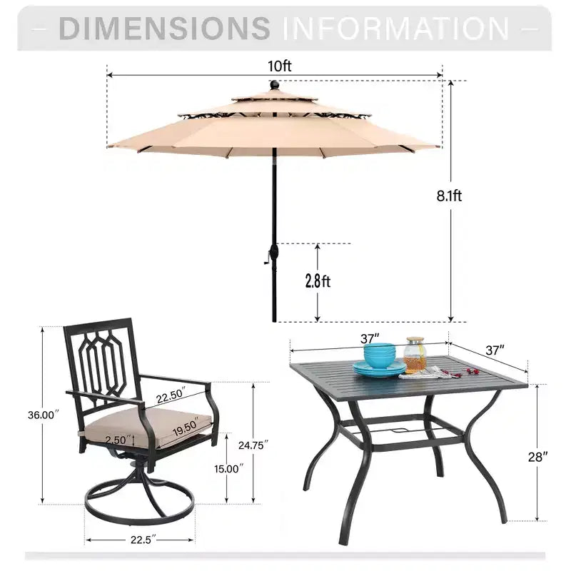 Captiva Designs Set da 6 Pezzi Tavolo da Pranzo da Esterno in Acciaio, Sedie Girevoli in Metallo e Ombrellone
