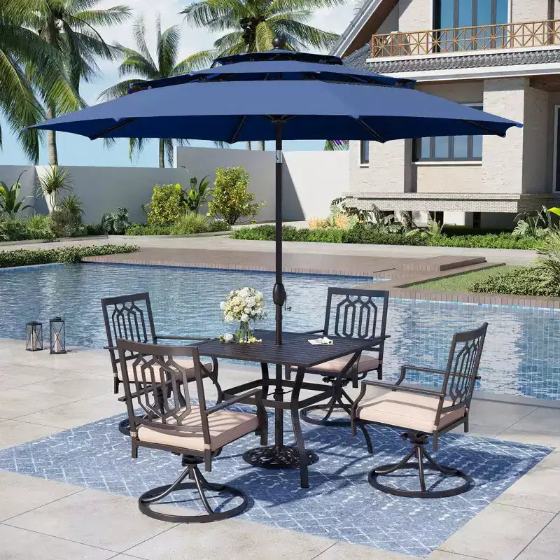 Tavolo da pranzo in acciaio da esterno per patio da 6 pezzi Captiva Designs, sedie girevoli in metallo e ombrellone da mercato