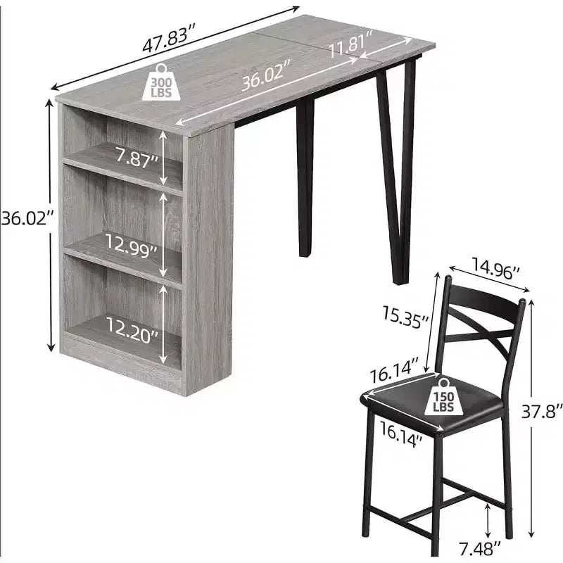 Set da Tavolo da Bar a 3 Pezzi per 2 Persone, Set Tavolo da Bar e Sedie con Estensione a Ribalta, Set da Pranzo con Ripiani Portaoggetti, Adatto per Piccoli Spazi