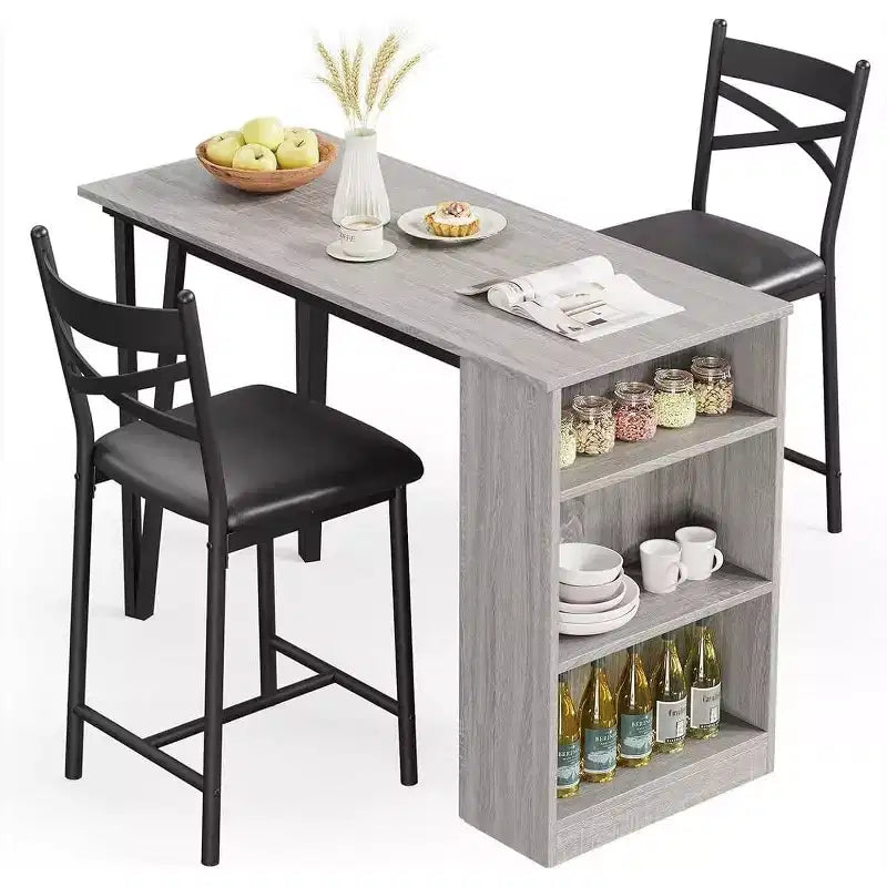 Set da Tavolo da Bar a 3 Pezzi per 2 Persone, Set Tavolo da Bar e Sedie con Estensione a Ribalta, Set da Pranzo con Ripiani Portaoggetti, Adatto per Piccoli Spazi