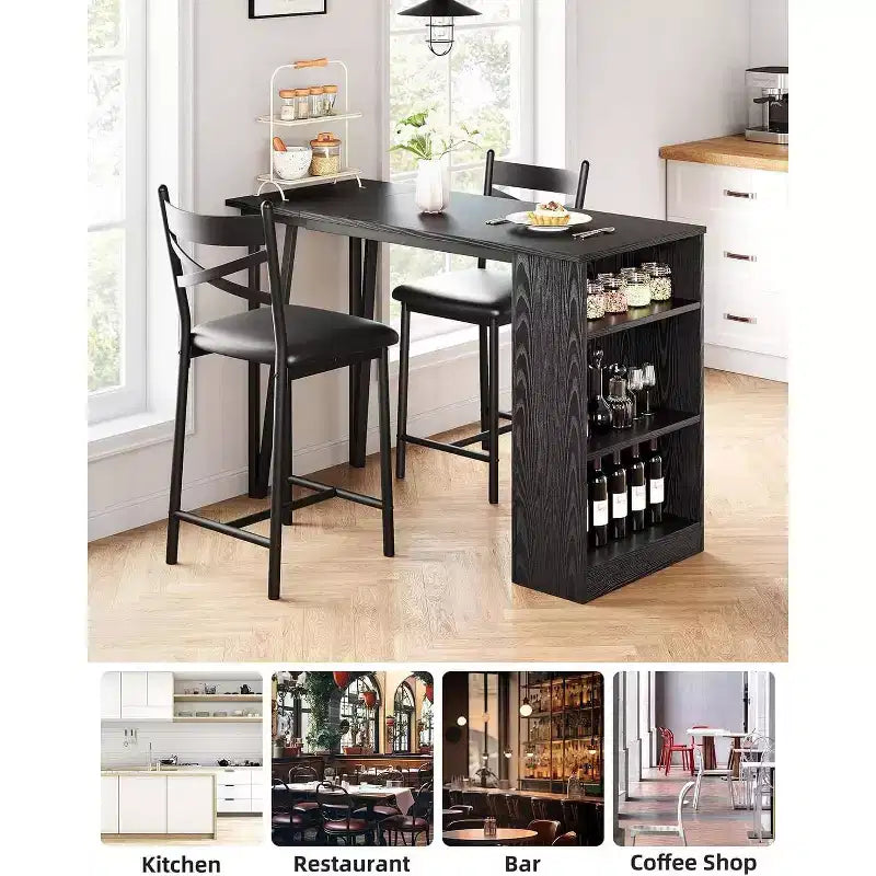 Set da Tavolo da Bar a 3 Pezzi per 2 Persone, Set Tavolo da Bar e Sedie con Estensione a Ribalta, Set da Pranzo con Ripiani Portaoggetti, Adatto per Piccoli Spazi