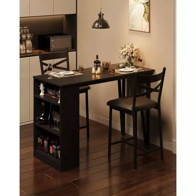 3 Piece Bar Table Set for 2, Bar Table and Chairs Set with with Flip Top Extension, Dining Table Set with Storage Shelves, Suitable for Small Space