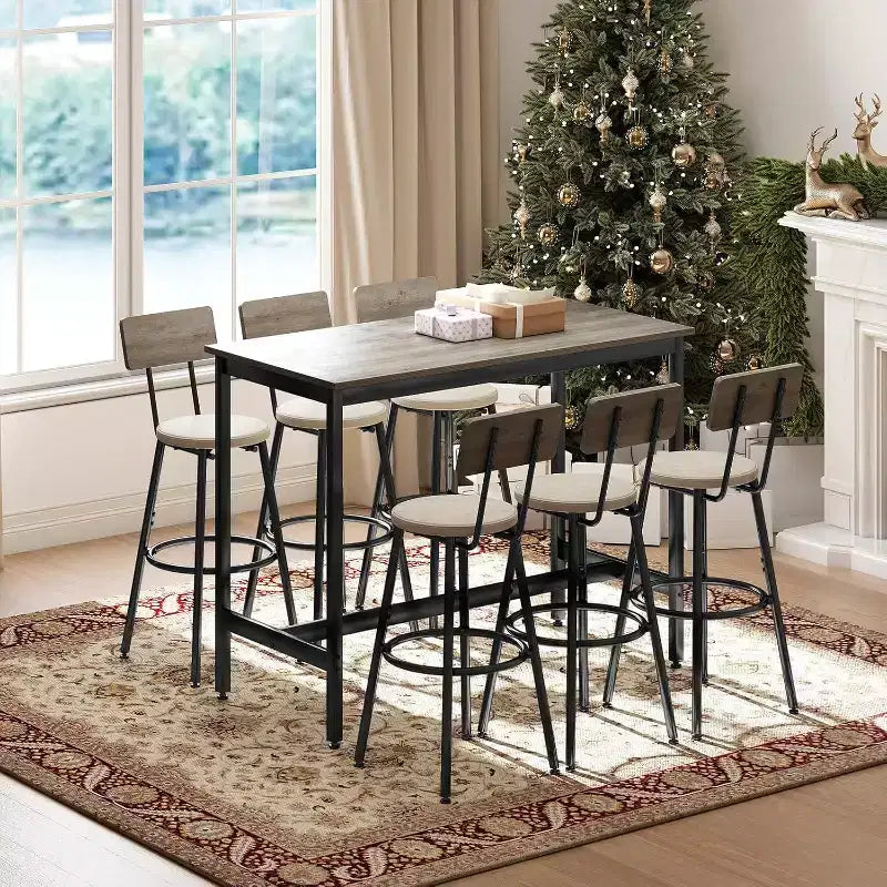 Set da Pranzo Zevemomo a 7 Pezzi ad Altezza Bancone, 6 Sgabelli Imbottiti in PU, Set Tavolo Alto Salvaspazio per Piccoli Spazi, Grigio