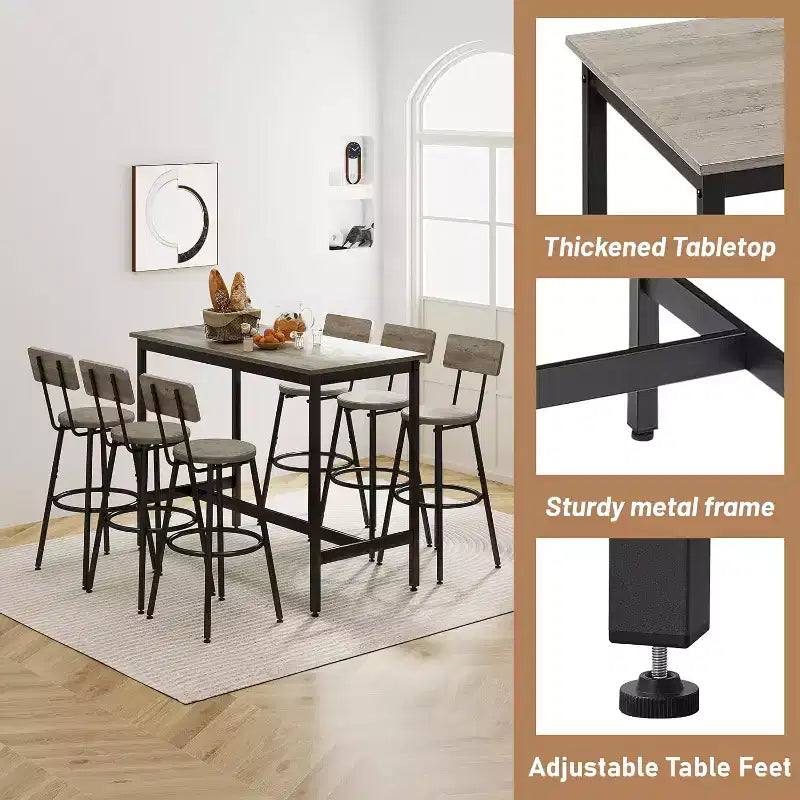 Set da Pranzo Zevemomo a 7 Pezzi ad Altezza Bancone, 6 Sgabelli Imbottiti in PU, Set Tavolo Alto Salvaspazio per Piccoli Spazi, Grigio