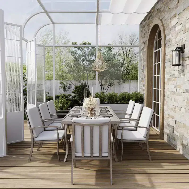 HAPPATIO Set da pranzo da 9 pezzi in alluminio per patio, tavolo e sedie da pranzo per esterni
