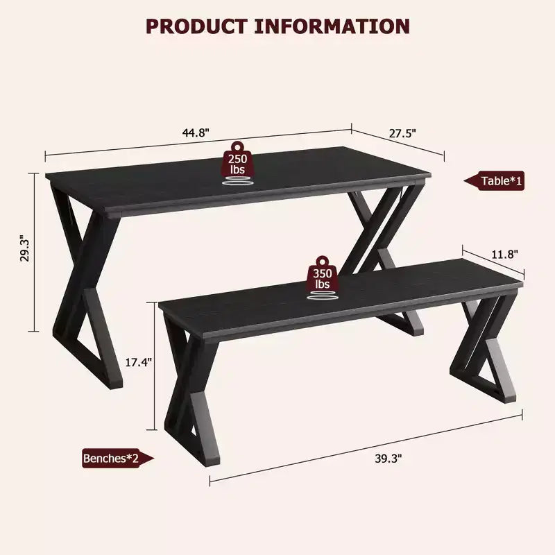 Set da pranzo CuisinSmart con panca e piano in legno, tavolo da cucina con panca per 4 persone con struttura in metallo e design a X, per bar, casa, ufficio, nero