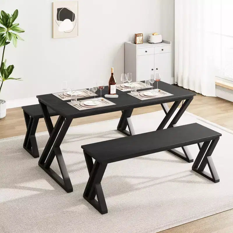 Set da pranzo CuisinSmart con panca e piano in legno, tavolo da cucina con panca per 4 persone con struttura in metallo e design a X, per bar, casa, ufficio, nero