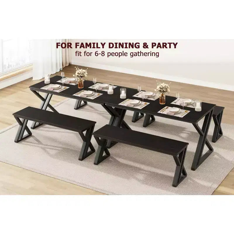 Set da pranzo CuisinSmart con panca e piano in legno, tavolo da cucina con panca per 4 persone con struttura in metallo e design a X, per bar, casa, ufficio, nero