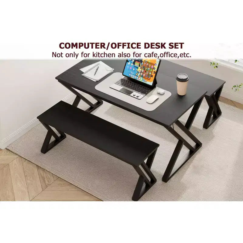 Set da pranzo CuisinSmart con panca e piano in legno, tavolo da cucina con panca per 4 persone con struttura in metallo e design a X, per bar, casa, ufficio, nero