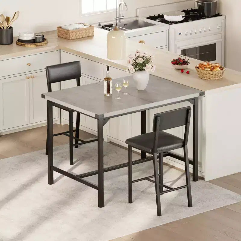 Set da tavolo da pranzo CuisinSmart per 2, set da tavolo da cucina con poggiapiedi e schienale, tavolo altezza bancone con 2 sgabelli da bar imbottiti